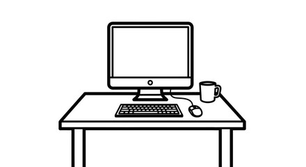 Fototapeta premium Computer desk setup, monitor, keyboard, mouse, and coffee mug illustration
