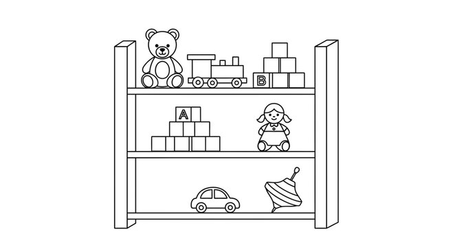 Children's toys on a shelf: teddy bear, train, blocks, doll, car, spinning top