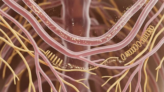 Detailed Illustration of Human Vascular System with Glowing Particles in Blood Vessels for Medical Education and Healthcare Graphics
