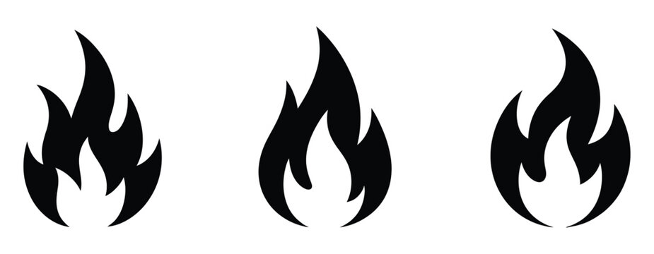 Fire flame symbol icon with bonfire silhouette and flames sign for energy danger and outdoor campfire graphics.