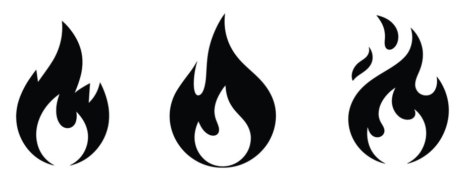 Fire icon flame symbol and bonfire silhouette logotype representing heat energy and burning flames in vector design.
