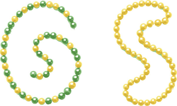 Elegant pearl necklace vector illustration set featuring realistic yellow and green glossy beads arranged in spiral and curved wave shapes isolated on white background