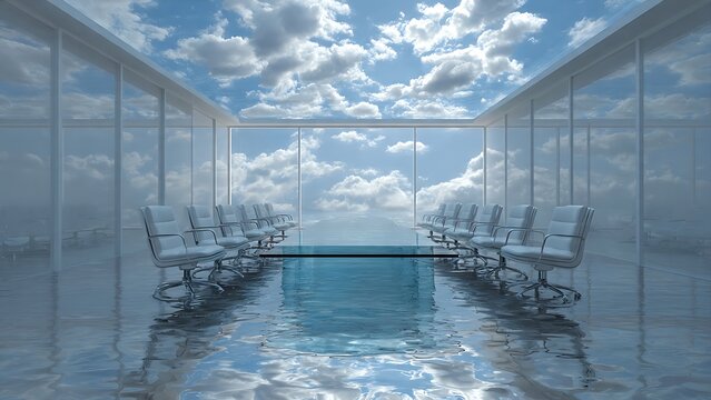 Futuristic white boardroom submerged in clear water under a blue sky with fluffy clouds. Conceptual image for corporate transparency, climate crisis, fresh perspectives, and business vision.