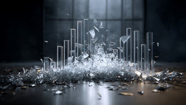 A glass bar chart shattering into small sharp fragments on a dark surface. Conceptual image for financial crash, market volatility, business crisis, economic recession, and broken data.