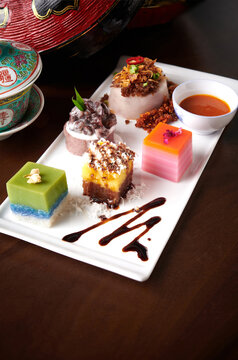 Traditional Nyonya Kuih Assorted Platter with Seri Muka, Kuih Lapis and Chai Tow Kuih