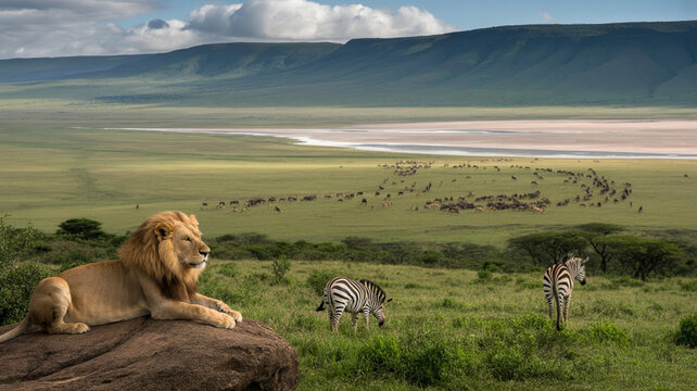 Lion resting on a rock in the savannah with zebras and a herd of elephants