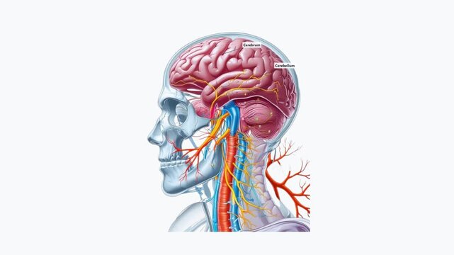 Ultra HD 4K Animated Human Head Anatomy With Brain Nerves Carotid Arteries And Spinal Cord Label Reveal Concept Of Neurology Medical Education