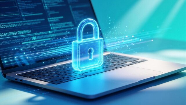 Cyber security data encryption concept with glowing blue padlock icon on laptop keyboard