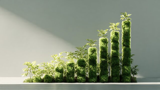 A rising bar chart made from green moss and leafy plants growing taller under warm sunlight. Conceptual image for sustainable investing, organic growth, green economy, and ESG strategy.