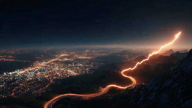 Glowing light trail forming an upward arrow along a winding road from a night city up into the mountains. Conceptual image for stock market growth, business success, and long term recovery.