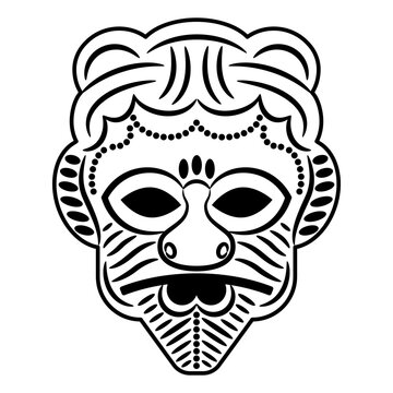 Norse human mask of a bearded man. God Odin or Loki. Ethnic design from ancient Dania. Black and white linear silhouette.