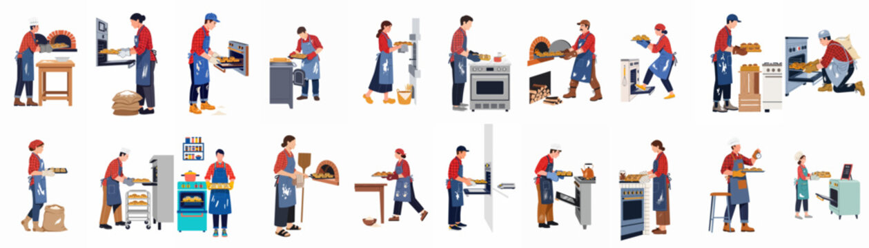 Flat design illustration set of male and female bakers baking various types of bread and pastries in different kitchen ovens.
