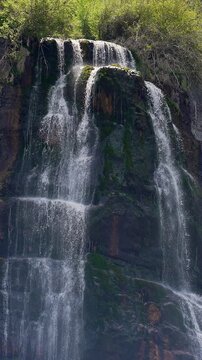 Zoomed in view of Bridal Veil Falls in Provo Canyon looking at the top of the middle section in Utah.