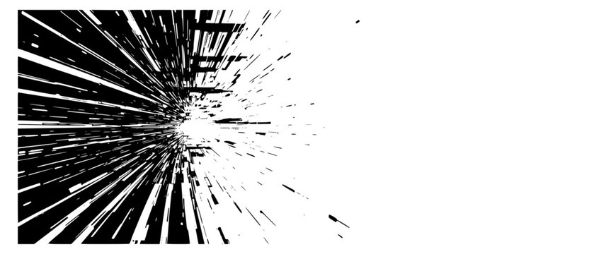 Abstract monochrome comic book speed lines bursting from the side into an asymmetric zoom vortex effect with copy space, isolated on white background for manga design elements.