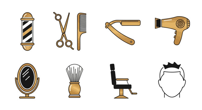 Barber shop tools and equipment icons.