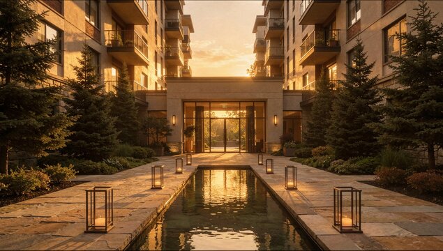 Luxury apartment entrance courtyard with reflective water feature and lantern lighting ideal for high end real estate branding and hospitality advertising