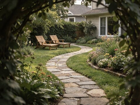 Cozy residential backyard garden with winding flagstone path and wooden lounge chairs ideal for home landscaping inspiration and outdoor living advertisement