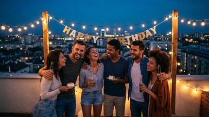Naklejka premium Diverse group of friends celebrating birthday on rooftop at night.