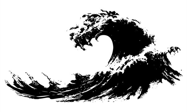 Abstract black ink brush stroke illustration of a powerful ocean wave with dramatic sea spray and textures, isolated on a white background for traditional and modern graphic design.