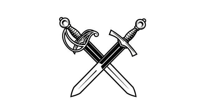 Crossed rapier and longsword black and white illustration.