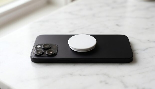 Blank white round phone grip mockup on a black smartphone