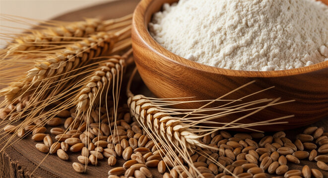 Rustic wheat flour in wooden bowl, organic whole grain kernels and dry wheat ears on wood, natural baking ingredients for bread