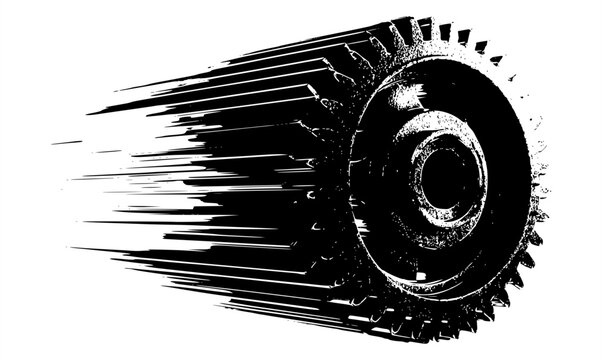 Fast moving gear vector illustration with speed lines. Industrial machine part in motion, monochrome cogwheel symbol, mechanical progress, engineering and manufacturing graphic design asset.