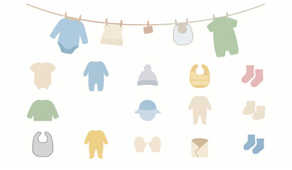 Isolated baby clothes collection vector illustration with flat minimalist style laundry rope and infant apparel design set © MstBrishti