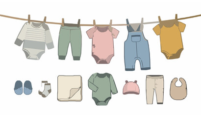 Flat design baby clothing icons vector set hanging laundry rope illustration isolated infant wear collection © MstBrishti