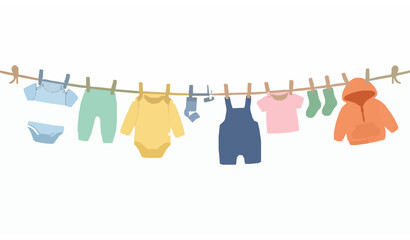 Baby clothes drying on rope vector illustration set with flat style infant clothing collection isolated on white background © MstBrishti