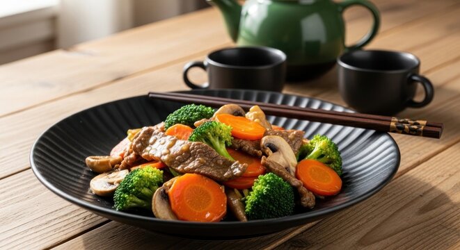 Healthy chinese stir fry with beef broccoli carrots and mushrooms