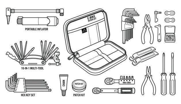 Professional ebike repair kit with mechanical tools and portable inflator vector illustration set.