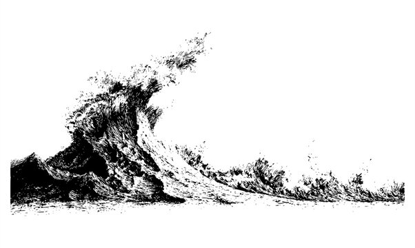 Abstract black ink ocean wave vector on white background. Dynamic crashing tidal wave illustration, dramatic water splash, monochrome sea storm graphic, grunge textured marine design asset.