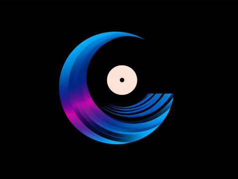 Abstract circular musical record icon with vibrant blue and pink gradient flow.