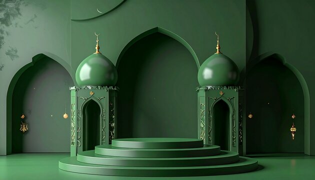 Green mosque interior with arches and domes