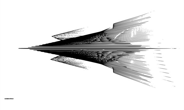 Futuristic spaceship vector illustration isolated on white background. Abstract monochrome sci-fi aircraft, dynamic speed lines concept art, tech aircraft starship graphic design asset.