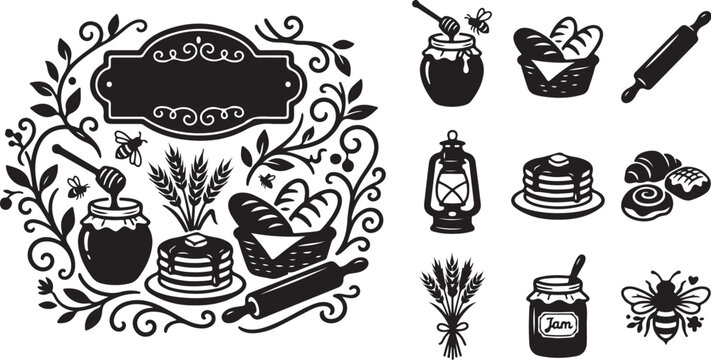 Black and White Bakery Food Icons Set Illustration