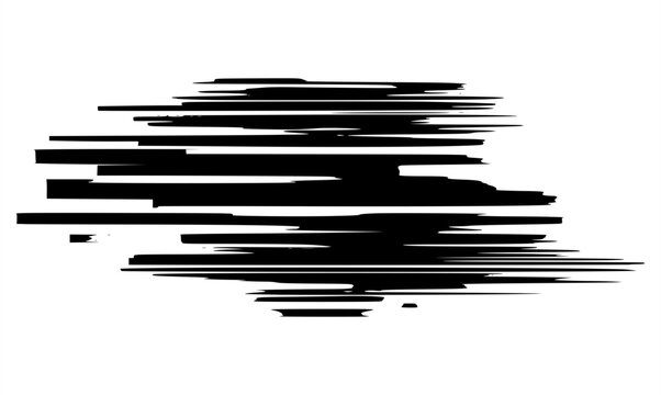 Abstract glitch texture vector on white background. Monochrome horizontal distortion bars, dark signal interference graphic, high speed pixelated noise stream, modern tech design element.
