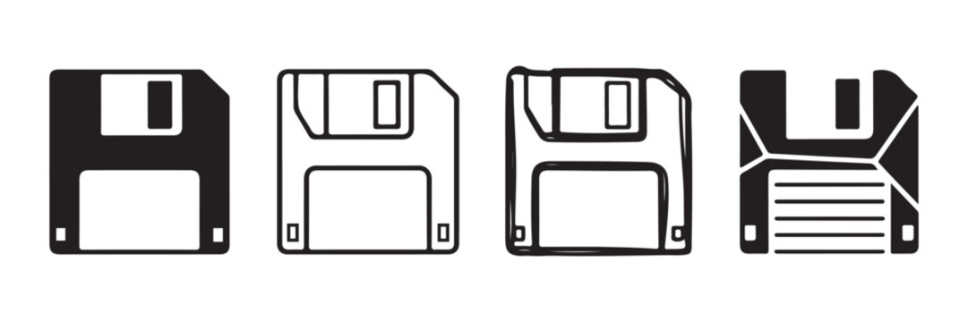 Retro floppy disk symbols in four diverse graphic styles ranging from flat vector icons to hand drawn sketches and creative geometric representations.