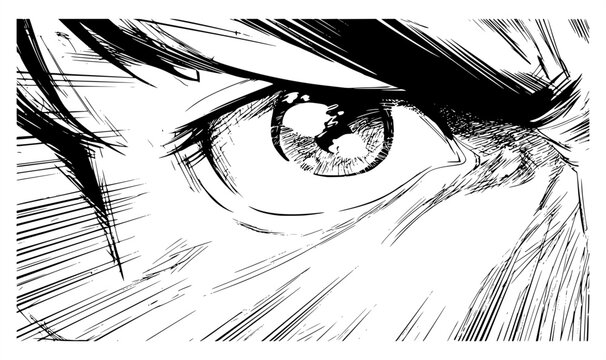 Anime eye close up vector illustration with speed lines. Intense monochrome manga gaze, dramatic comic book expression look, furious staring human eye banner graphic on white background.