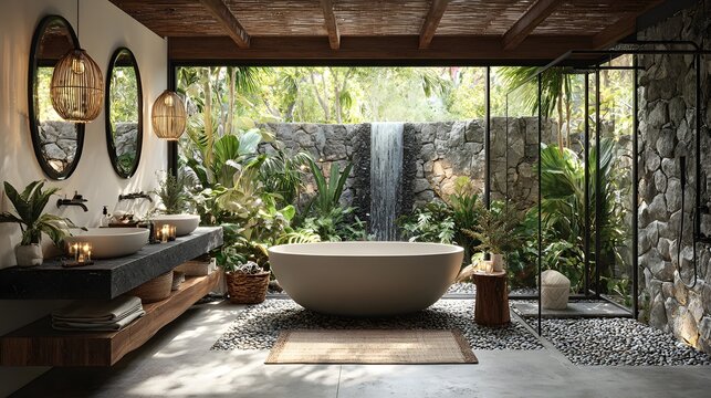 Semi outdoor bathroom combines minimalist style with tropical elements