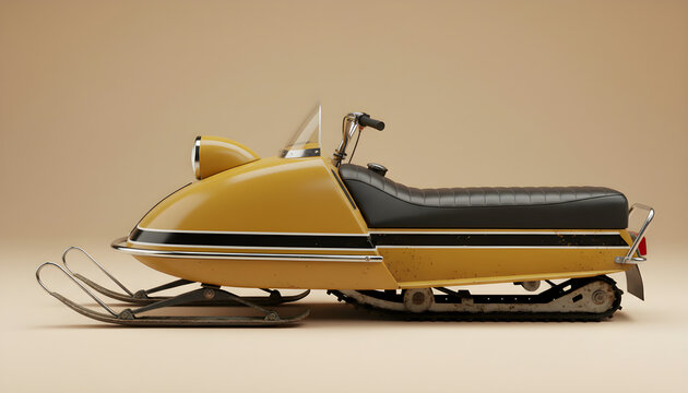 Vintage yellow snowmobile standing on warm background