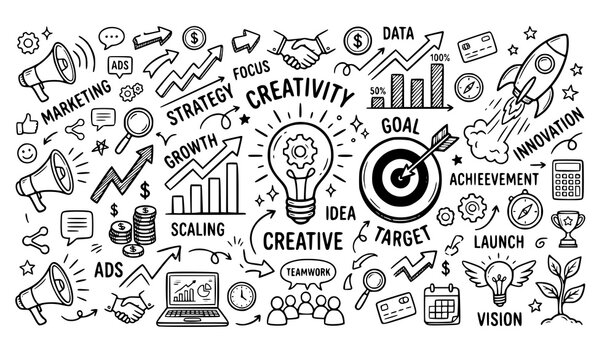 Business startup doodle symbols vector illustration isolated on white background