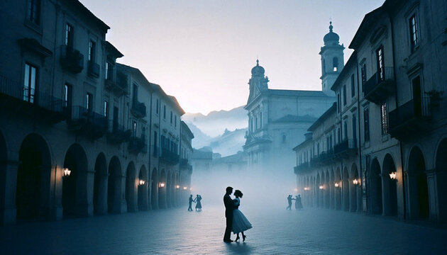 A couple dancing slowly in the middle of a cobblestone square in a small European town, completely alone at dawn, Ai generated image