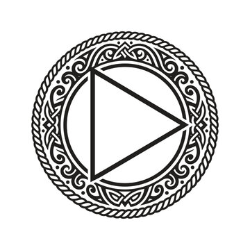 Play Button Triangle Inside Ornate Circular Border Symbol.