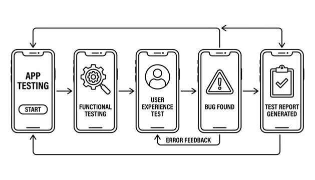 Mobile application testing process flowchart vector illustration with steps.