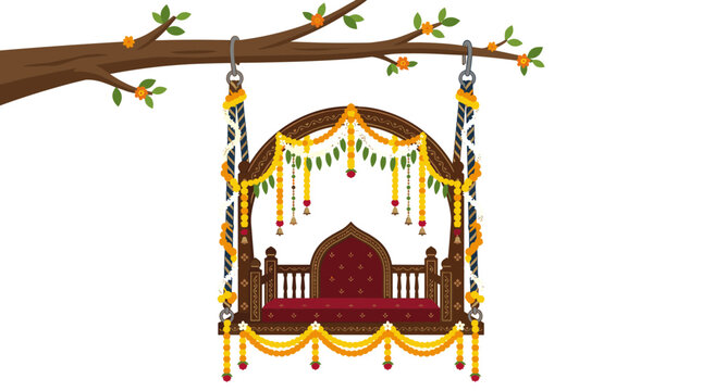 Decorated Indian swing hanging from a tree branch