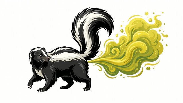 Cute cartoon skunk spraying bad odor green gas illustration