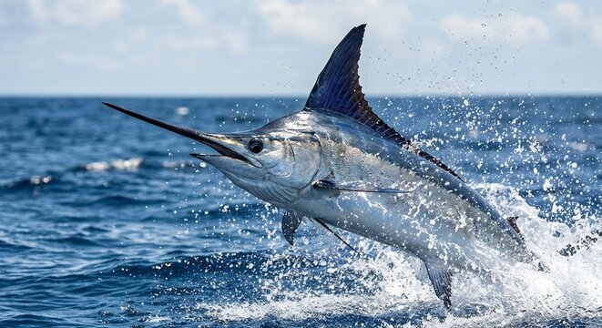Powerful Atlantic blue marlin leaping from deep blue ocean waters. Dynamic wildlife action photography showcasing the magnificent fish mid-jump with splashing water droplets and natural sunlight.
