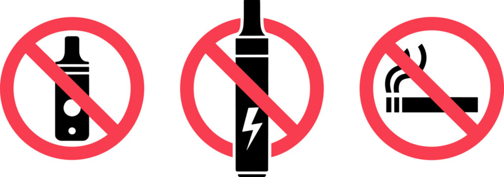 No Smoking and No Vaping Ban Sign Vector Set Featuring Prohibited Electronic Cigarette Vape Pen and Tobacco Smoking Warning Symbols for Public Areas